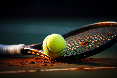 婚恋网网球场上的网球和球拍背景