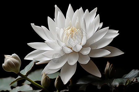 黑色莲花素材一朵白花在黑色背景下绽放背景