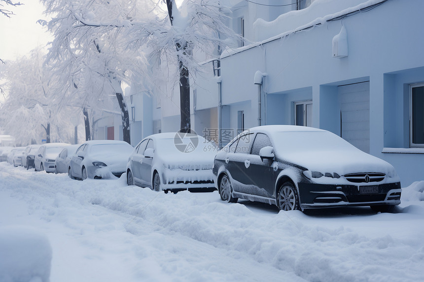 白雪覆盖的街道停着的汽车图片