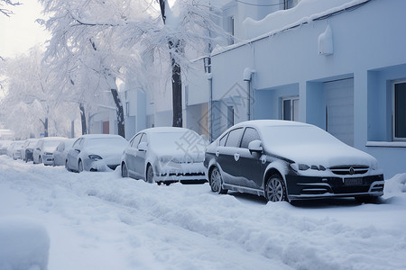 冰雪天气白雪覆盖的街道停着的汽车背景