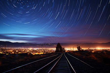 星空下的火车轨道背景图片