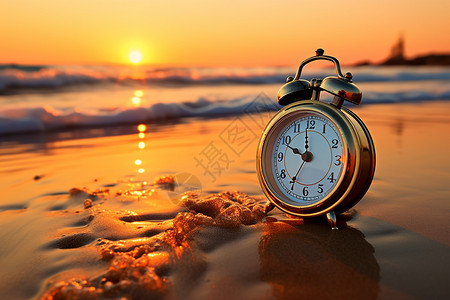 沙滩上的时间闹钟背景图片