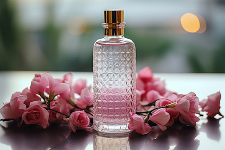 桌面上的香水和花朵背景图片