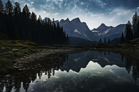 山林中的湖泊背景图片