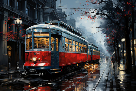 城市雨中的电动列车背景图片