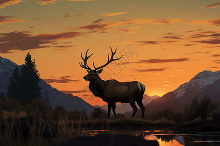 山林湖畔风景画夕阳下湖畔的鹿背景