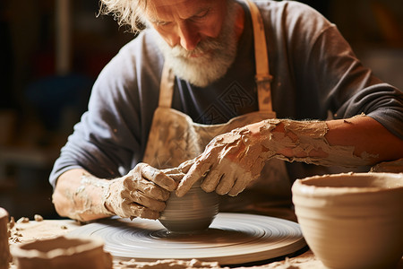 陶艺花瓶陶艺师在转盘上制作陶器背景