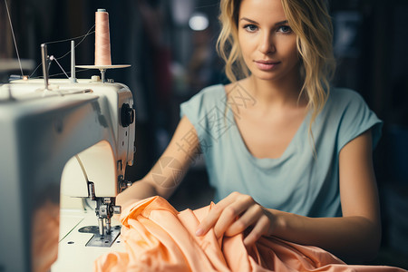 女性用缝纫机制作衣物背景图片