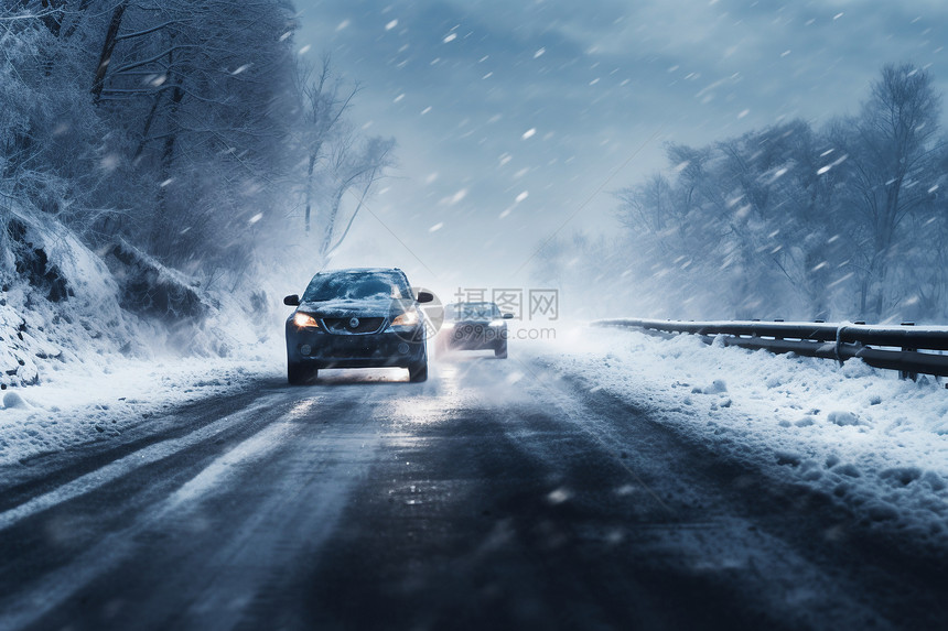 雪地道路上的汽车图片