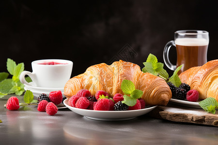 新鲜早餐和浆果背景图片