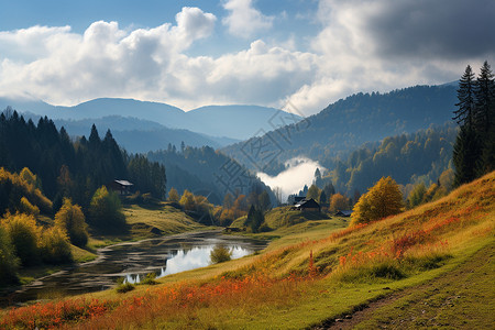 白云下的秋色山谷背景图片