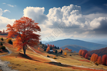 白云下的红叶山路背景图片
