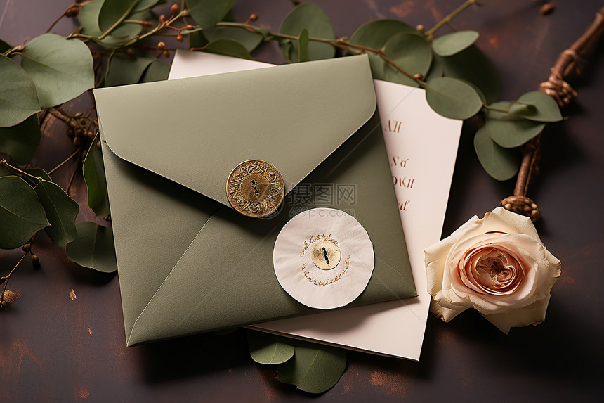 信封上有一朵白玫瑰图片