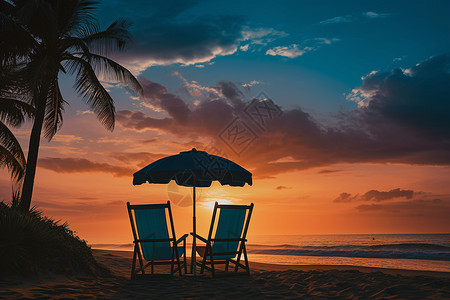 夕阳下的沙滩椅背景图片