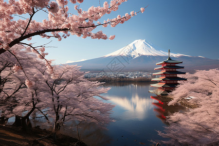 冬日富士山与樱花背景图片