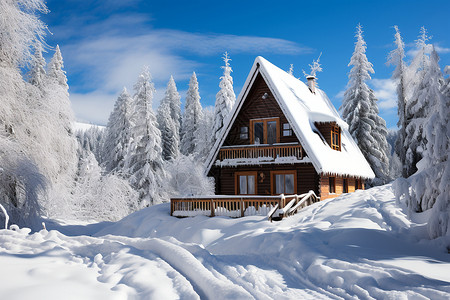 冰雪森林中的小屋背景图片