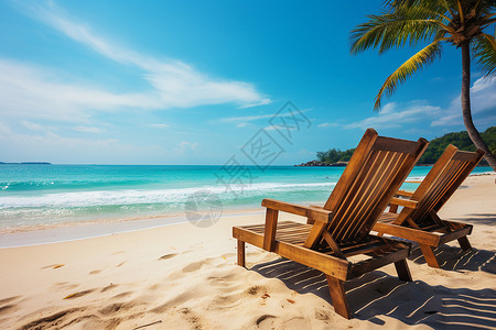 海滩边的木椅和棕榈树背景图片
