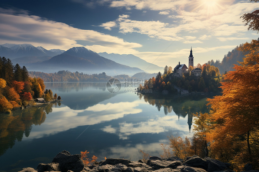 湖光山色的日出秋天图片