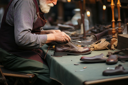 手工制作的鞋匠在工作室修复鞋子背景图片