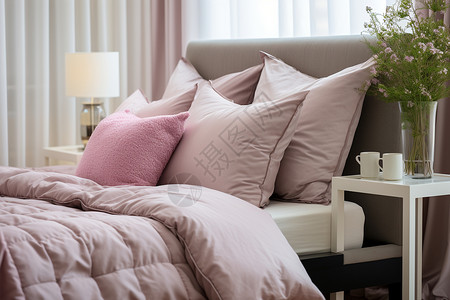 粉红色温馨的一张床背景图片