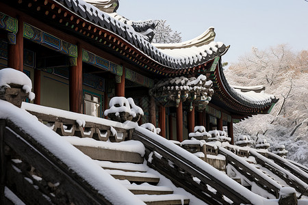 冬天房子古建筑上的冰雪背景