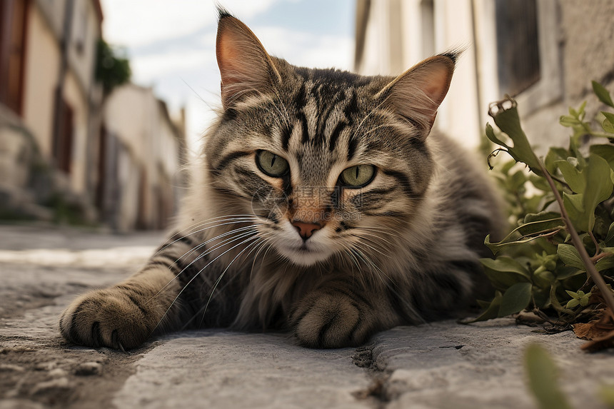 户外地面上可爱的小猫图片