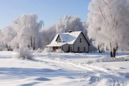 冰雪覆盖的乡村小屋高清图片