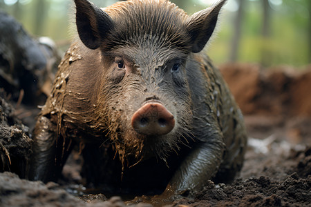 山猪沼泽中沾满泥土的野猪背景