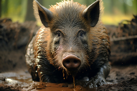 山猪野猪在湿漉漉的泥土上背景