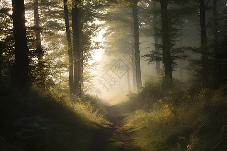 清晨微光下的树林小径背景图片