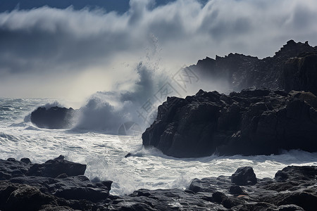 巨浪撞击岩石高清图片