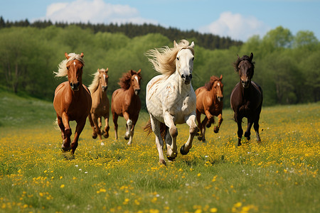 草原上奔跑的马群背景图片