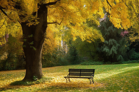 金黄树叶公园宁静的长椅背景