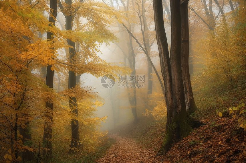 山林迷雾中的黄叶图片