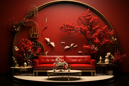 沙发后的的红色墙饰背景图片