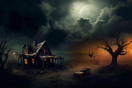 毛骨悚然夜晚神秘风景中的木屋设计图片