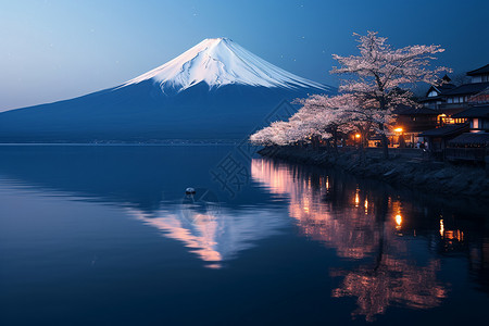 富士山下樱花树背景图片