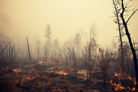 预防森林火灾浓雾中燃烧的森林背景