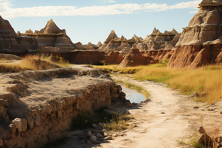沙漠中的一条土路路的一侧有几块石头另一侧有几株草哑光绘画作品大地艺术背景