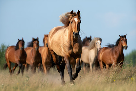 草地上奔驰的一群马匹背景图片