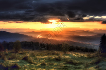 山脉前的日出风景背景图片