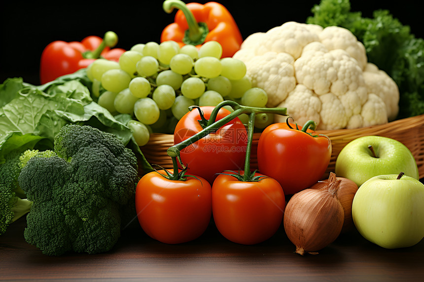 健康蔬食的丰盈篮筐图片