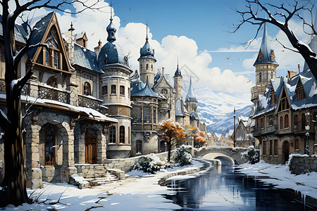 城市白雪覆盖的小镇绘画背景图片
