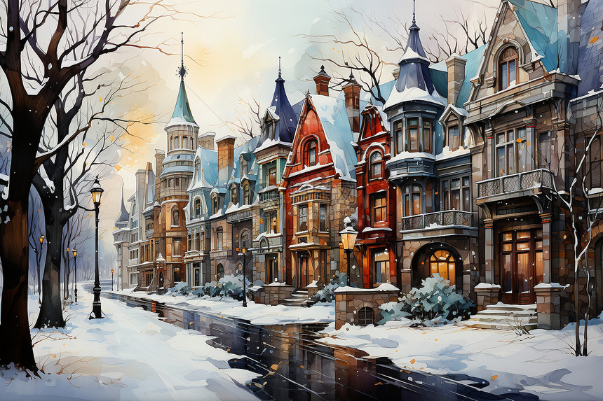 冬季绚丽的小镇绘画图片