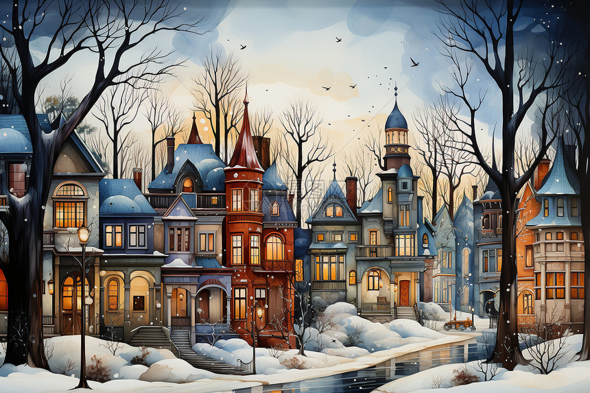 冬季童话小镇绘画图片
