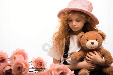 可爱的小女孩与泰迪熊背景图片