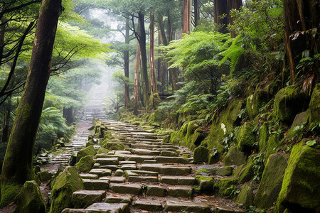 森林里的青苔石阶背景图片