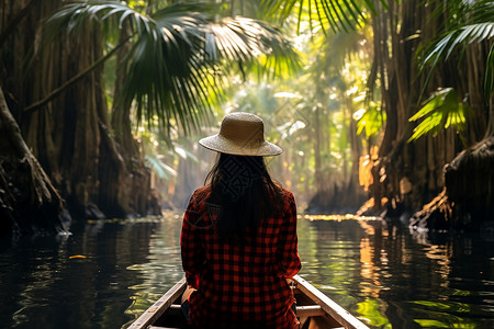 树林里划船的女子背景图片