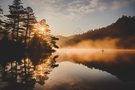 山间迷雾迷雾笼罩的山间湖泊景观背景