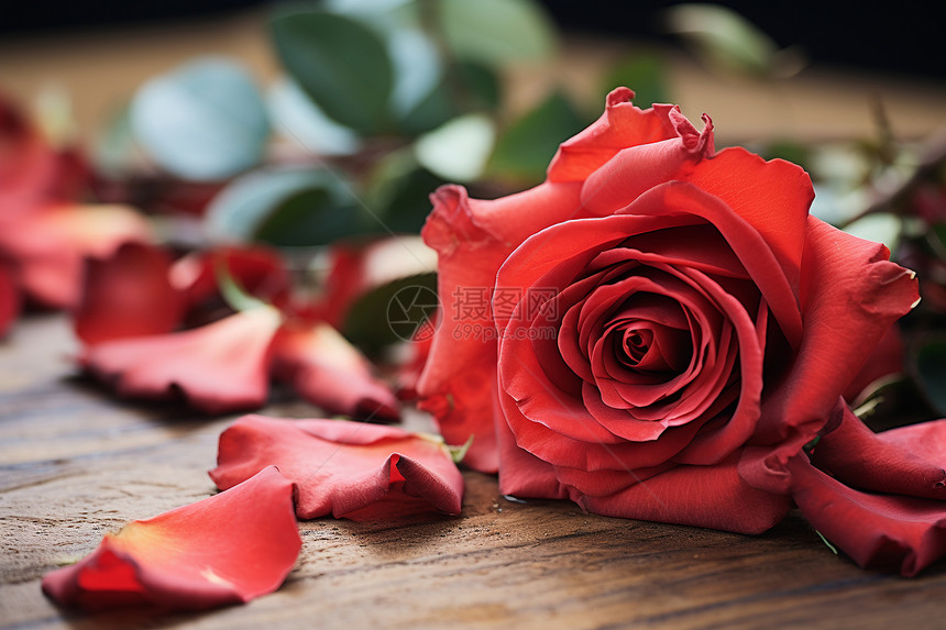 玫瑰花静静躺在桌上桌面上散落着花瓣和几片叶子图片